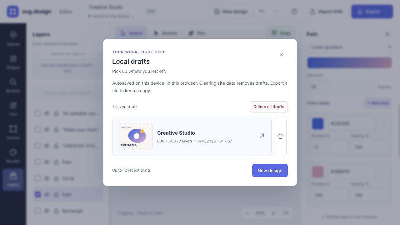 Local drafts dialog with an artwork thumbnail, saved time, open action, and delete controls