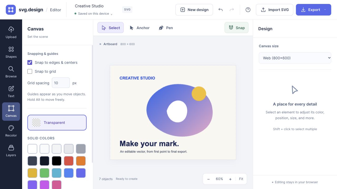 Canvas sidebar showing Snap to edges and centers, Snap to grid, and Grid spacing