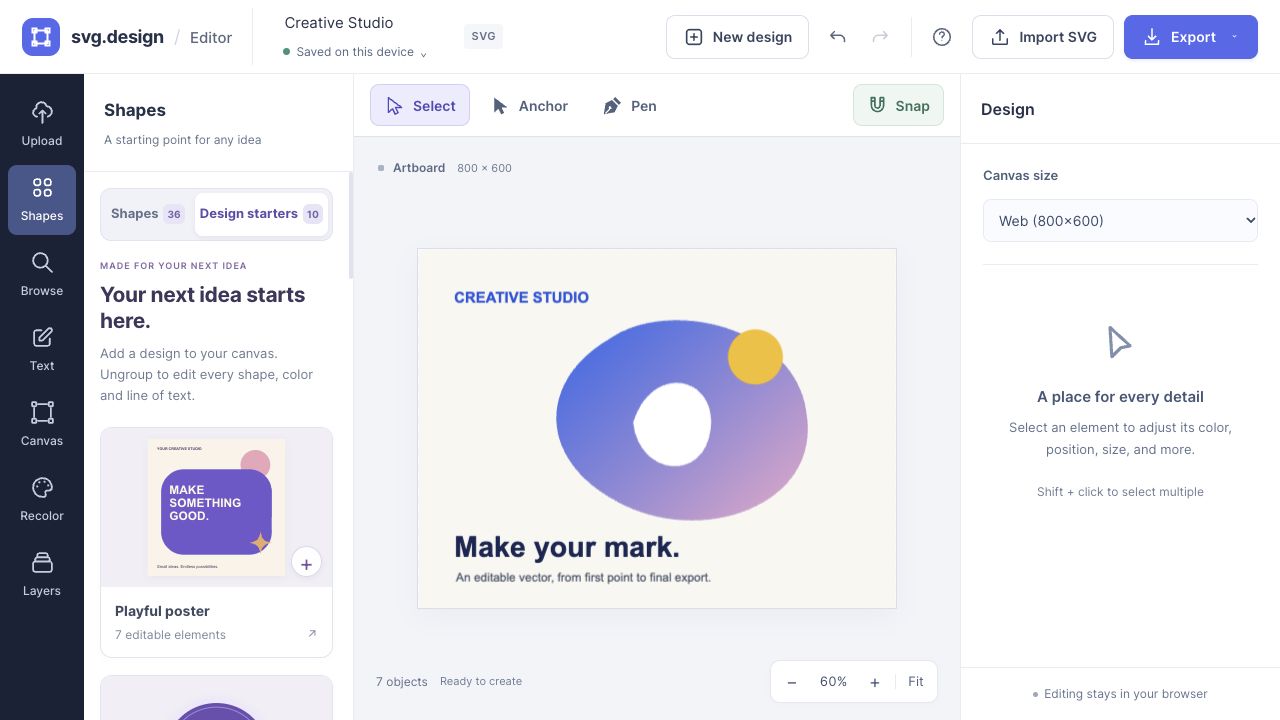 Shapes tab with Design starters selected and a Playful poster preview